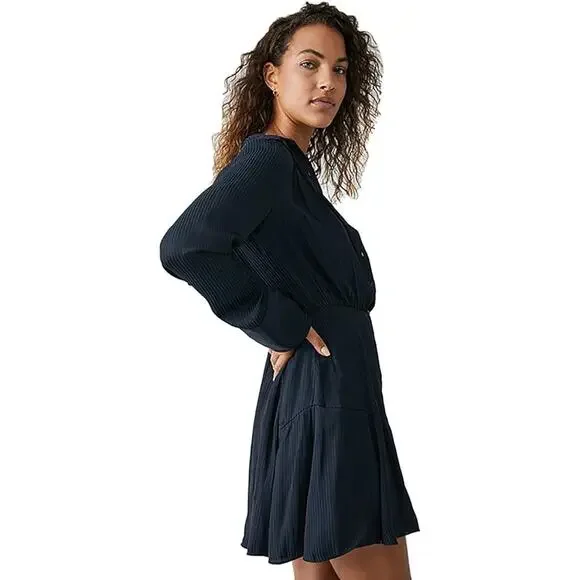 Free People Everly Shirtdress – Pinstripe Silk-Blend, Flounced Hem, Size S - Picture 2 of 5